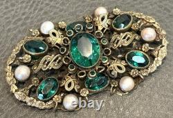 HUGE Vintage Austro Hungarian Filigree Emerald Green Rhinestone Pearl Pin Brooch