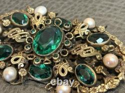 HUGE Vintage Austro Hungarian Filigree Emerald Green Rhinestone Pearl Pin Brooch