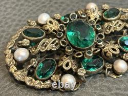 HUGE Vintage Austro Hungarian Filigree Emerald Green Rhinestone Pearl Pin Brooch