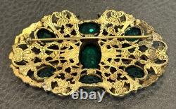 HUGE Vintage Austro Hungarian Filigree Emerald Green Rhinestone Pearl Pin Brooch