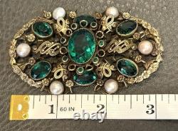 HUGE Vintage Austro Hungarian Filigree Emerald Green Rhinestone Pearl Pin Brooch