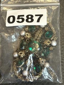 HUGE Vintage Austro Hungarian Filigree Emerald Green Rhinestone Pearl Pin Brooch