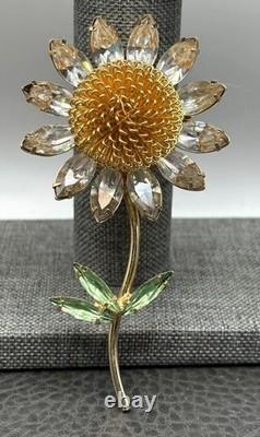 HUGE Vintage Daisy Flower Brooch Crystal Rhinestone Pin Gold Tone