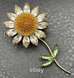 HUGE Vintage Daisy Flower Brooch Crystal Rhinestone Pin Gold Tone