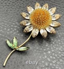 HUGE Vintage Daisy Flower Brooch Crystal Rhinestone Pin Gold Tone