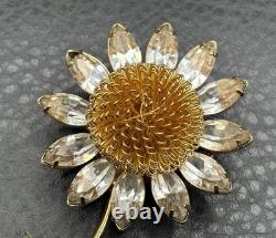 HUGE Vintage Daisy Flower Brooch Crystal Rhinestone Pin Gold Tone