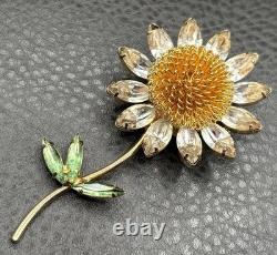 HUGE Vintage Daisy Flower Brooch Crystal Rhinestone Pin Gold Tone
