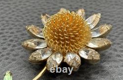 HUGE Vintage Daisy Flower Brooch Crystal Rhinestone Pin Gold Tone