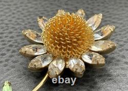 HUGE Vintage Daisy Flower Brooch Crystal Rhinestone Pin Gold Tone
