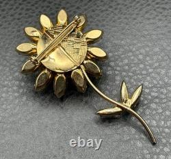 HUGE Vintage Daisy Flower Brooch Crystal Rhinestone Pin Gold Tone