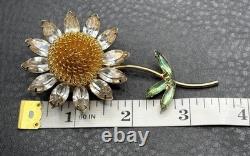 HUGE Vintage Daisy Flower Brooch Crystal Rhinestone Pin Gold Tone