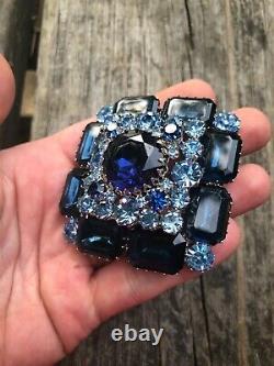 HUGE Vintage Schreiner blue rhinestone stacked square brooch. EUC