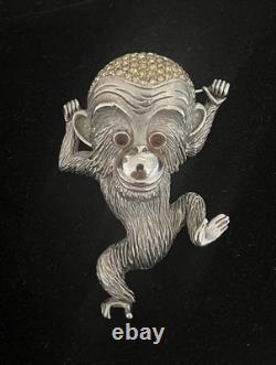 Hattie Carnegie Rare Vintage Silver tone Rhinestone Monkey Statement Brooch
