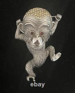 Hattie Carnegie Rare Vintage Silver tone Rhinestone Monkey Statement Brooch