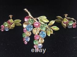 Hobe Vintage 1966 Colorful Rhinestone Grape Brooch & Earring Set