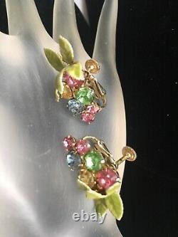 Hobe Vintage 1966 Colorful Rhinestone Grape Brooch & Earring Set