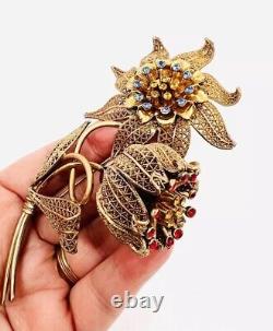 Huge 5 Inch 3 Dimensional Gilt Filigree & Rhinestone Brooch Vintage Jewelry