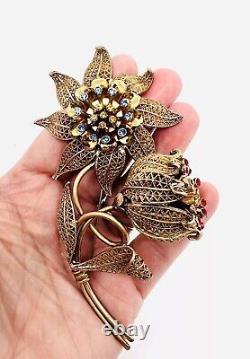 Huge 5 Inch 3 Dimensional Gilt Filigree & Rhinestone Brooch Vintage Jewelry