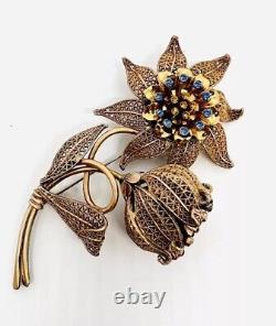 Huge 5 Inch 3 Dimensional Gilt Filigree & Rhinestone Brooch Vintage Jewelry