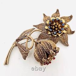 Huge 5 Inch 3 Dimensional Gilt Filigree & Rhinestone Brooch Vintage Jewelry