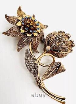 Huge 5 Inch 3 Dimensional Gilt Filigree & Rhinestone Brooch Vintage Jewelry