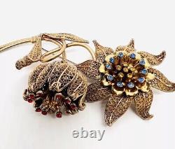 Huge 5 Inch 3 Dimensional Gilt Filigree & Rhinestone Brooch Vintage Jewelry