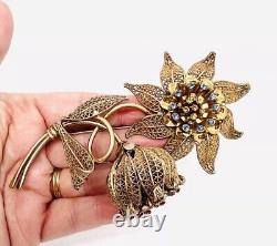 Huge 5 Inch 3 Dimensional Gilt Filigree & Rhinestone Brooch Vintage Jewelry