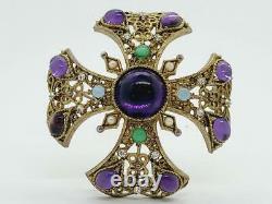Huge BYZANTINE MALTESE Cross Gripoix Style Brooch Suffragette Colors Vintage