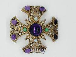 Huge BYZANTINE MALTESE Cross Gripoix Style Brooch Suffragette Colors Vintage