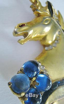 Huge Rare Vintage Reinad Unicorn Figural Pin Brooch Sapphire Blue Cabochons