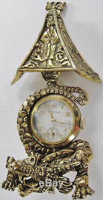 Huge Vintage Chinese Dragon Lamp Pin Watch Figural Lapel Brooch Butterfly Finial