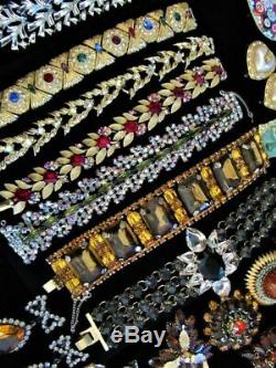 Huge Vintage Mega Rhinestone Jewelry Lot 147 Pcs Many Signed Brooch Bracelet