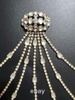 Huge Vintage Rhinestone Satin Glass Fringed Tassel Tie Statement Brooch