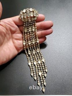 Huge Vintage Rhinestone Satin Glass Fringed Tassel Tie Statement Brooch