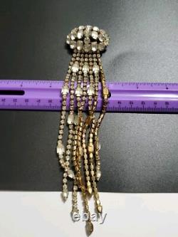 Huge Vintage Rhinestone Satin Glass Fringed Tassel Tie Statement Brooch