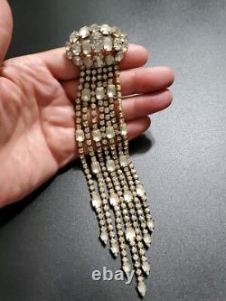 Huge Vintage Rhinestone Satin Glass Fringed Tassel Tie Statement Brooch