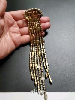 Huge Vintage Rhinestone Satin Glass Fringed Tassel Tie Statement Brooch
