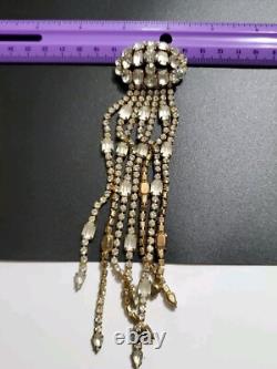 Huge Vintage Rhinestone Satin Glass Fringed Tassel Tie Statement Brooch