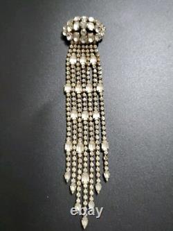 Huge Vintage Rhinestone Satin Glass Fringed Tassel Tie Statement Brooch