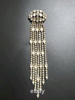 Huge Vintage Rhinestone Satin Glass Fringed Tassel Tie Statement Brooch
