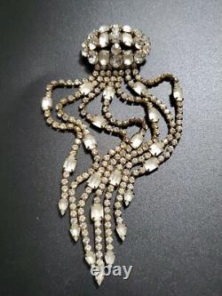 Huge Vintage Rhinestone Satin Glass Fringed Tassel Tie Statement Brooch
