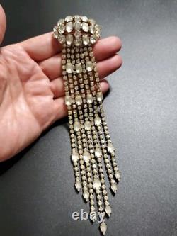 Huge Vintage Rhinestone Satin Glass Fringed Tassel Tie Statement Brooch