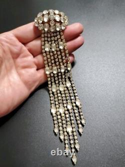 Huge Vintage Rhinestone Satin Glass Fringed Tassel Tie Statement Brooch