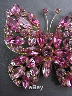 Huge Vintage Signed Regency Brooch Hot Pink Old Rhinestone Butterfly Pin