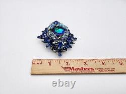 Huge Vtg Designer Juliana Ab Blue Dentelle Framed Layered Rhinestone Pin/brooch