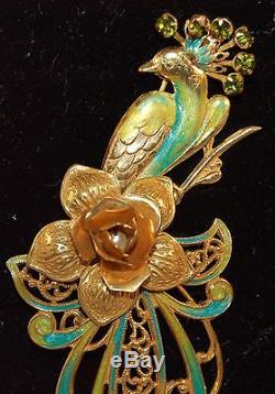 INCREDIBLE RARE Miriam Haskell Signed Enamel Figural Peacock Brooch! Vintage