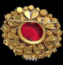 Inverted Rhinestone Brooch Rare Vintage Gilt Jeweled 2-1/4 Statement Pin A53