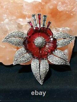 Invisible Set Red Rhinestone Poured Glass Flower Vintage Pave Leaves Brooch Pin