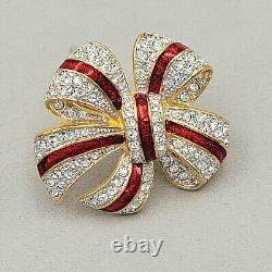 JOAN RIVERS CHRISTMAS BOW BROOCH Vintage Rhinestone Enamel Holiday Pin