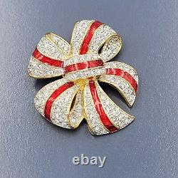 JOAN RIVERS CHRISTMAS BOW BROOCH Vintage Rhinestone Enamel Holiday Pin